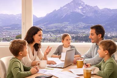Eine Familie sitzt gemeinsam am Esstisch in Kriens mit Blick auf den Pilatus und bespricht ihr Haushaltsbudget mit Laptop und Notizblock